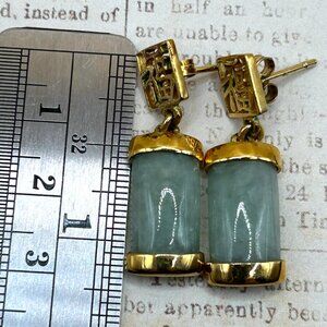 Vintage Asian Symbol Green Jade Stone Yellow Gold Plated Pierced Earrings